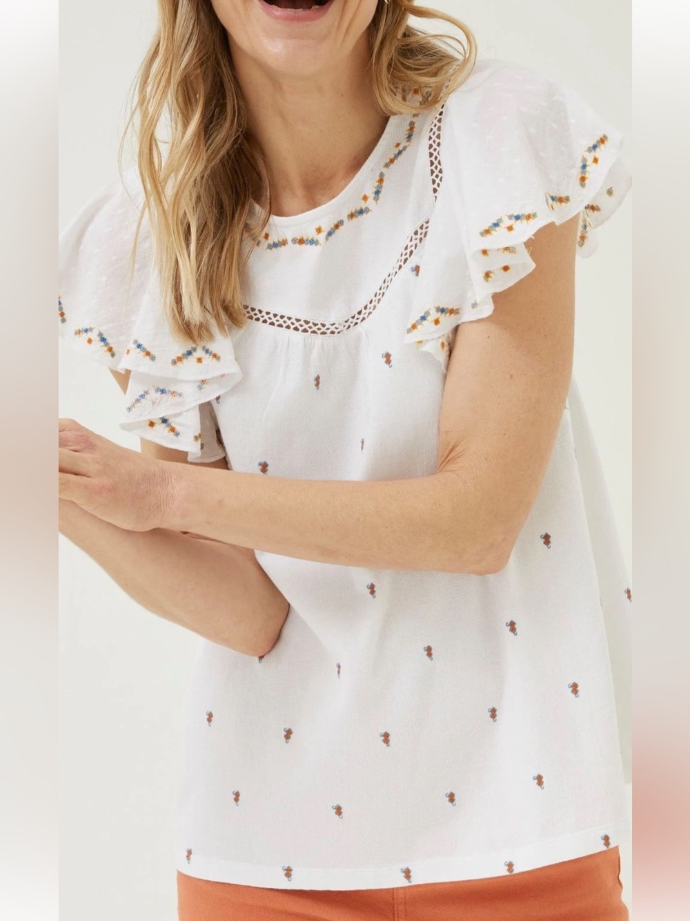 Fat Face Natural Leah White Ruffle Sleeve Embroidered Blouse